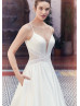 Spaghetti Straps Ivory Satin Lace Wedding Dress With Pockets